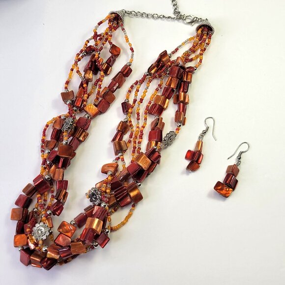 Iridescent Red Coral Floral Multi Strand Necklace With Earrings - Picture 6 of 13